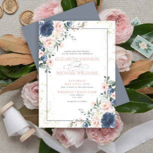 Light Dusty Blue Blush Pink Gold Floral Wedding In Invitation