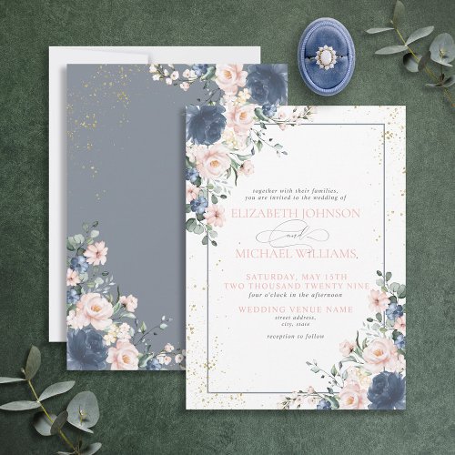 Light Dusty Blue Blush Pink Gold Floral Wedding In Invitation