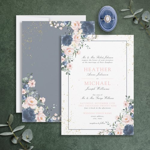 Light Dusty Blue Blush Pink Gold Floral Wedding In Invitation