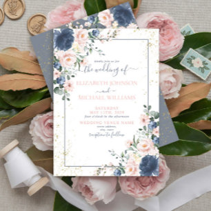 Light Dusty Blue Blush Pink Gold Floral Wedding Invitation
