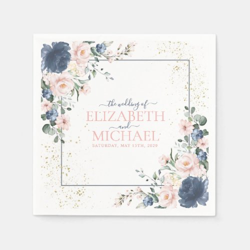 Light Dusty Blue Blush Pink Gold Floral Wedding Napkins