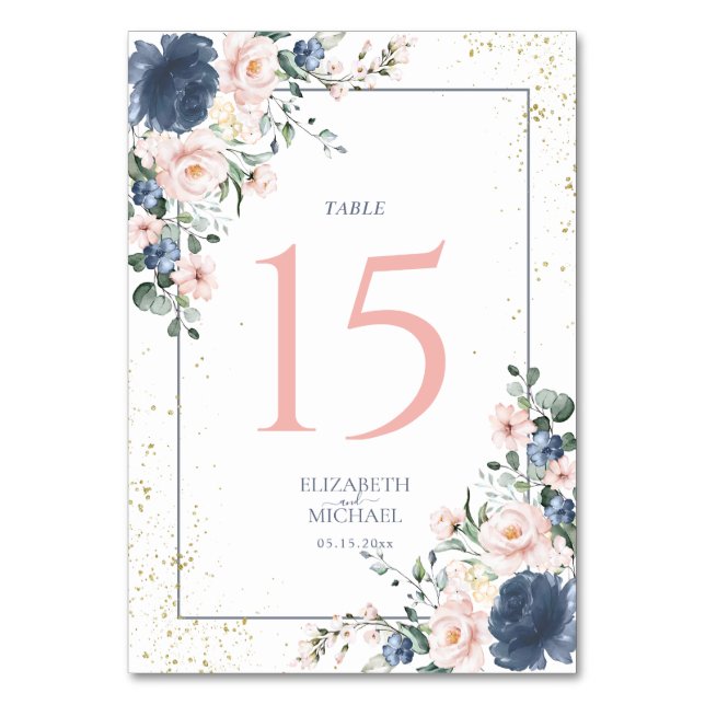Light Dusty Blue Blush Pink Gold Floral Wedding Table Number (Front)
