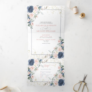 Light Dusty Blue Blush Pink Gold Floral Wedding Tr Tri-Fold Invitation