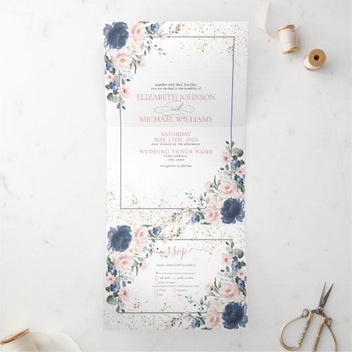 Light Dusty Blue Blush Pink Gold Floral Wedding Tr Tri_Fold Invitation