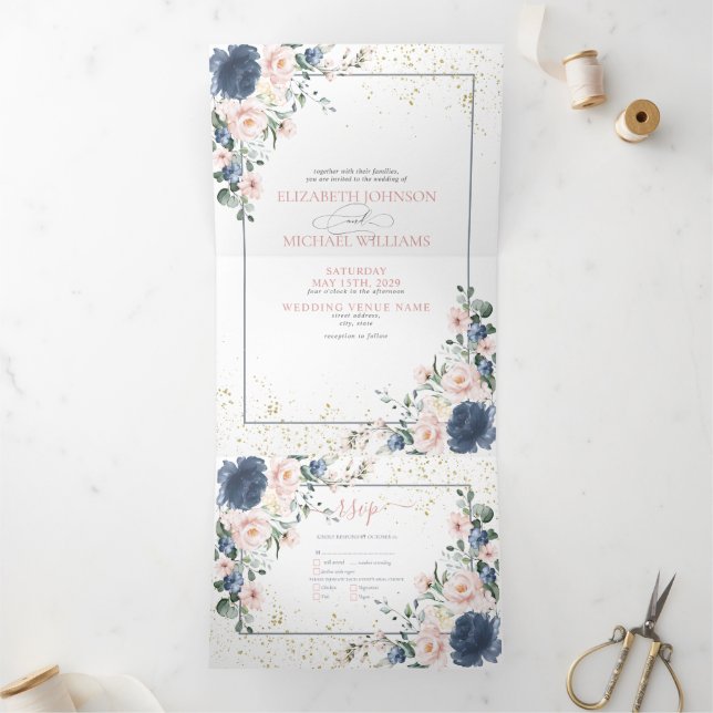 Light Dusty Blue Blush Pink Gold Floral Wedding Tr Tri-Fold Invitation (Inside)