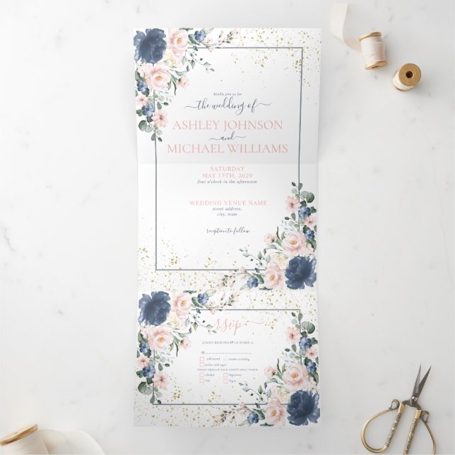 Light Dusty Blue Blush Pink Gold Floral Wedding Tri-Fold Invitation (Inside)