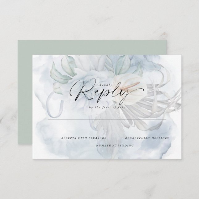 Light Dusty Blue BOHO Floral Reply RSVP Card (Front/Back)