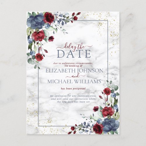 Light Dusty Blue Burgundy Floral Delay The Date Announcement Postcard