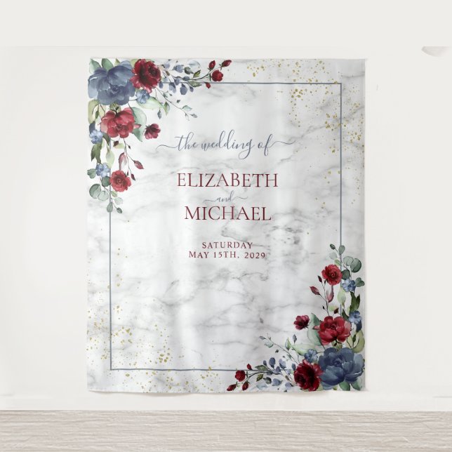 Light Dusty Blue Burgundy Floral Gold Wedding Tapestry (Front)