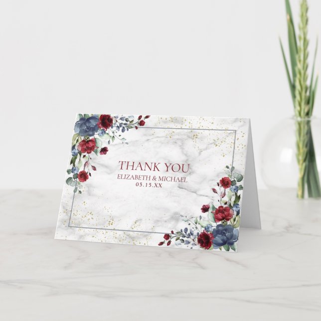 Light Dusty Blue Burgundy Floral Photo Wedding Card (Front)