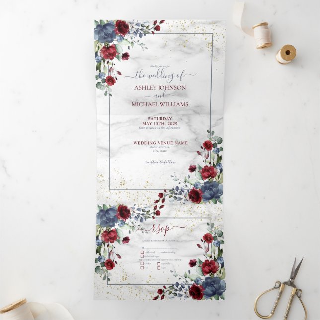 Light Dusty Blue Burgundy Floral Photo Wedding Tri-Fold Invitation (Inside)