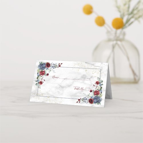 Light Dusty Blue Burgundy Floral Place Card