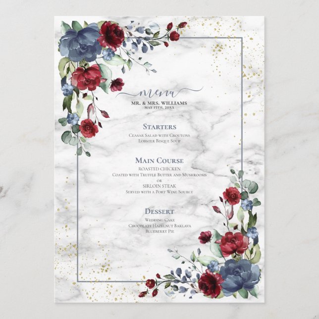 Light Dusty Blue Burgundy Floral Wedding Menu (Front)