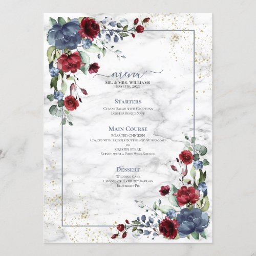 Light Dusty Blue Burgundy Floral Wedding Menu