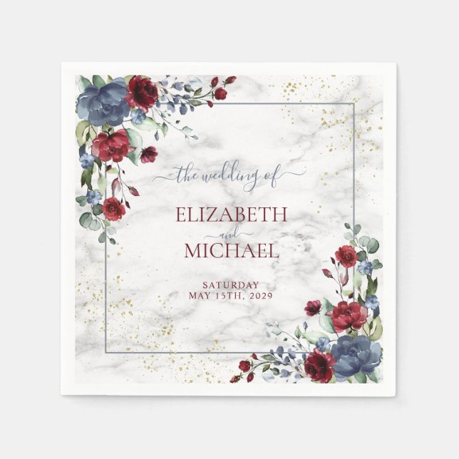 Light Dusty Blue Burgundy Floral Wedding Napkins (Front)