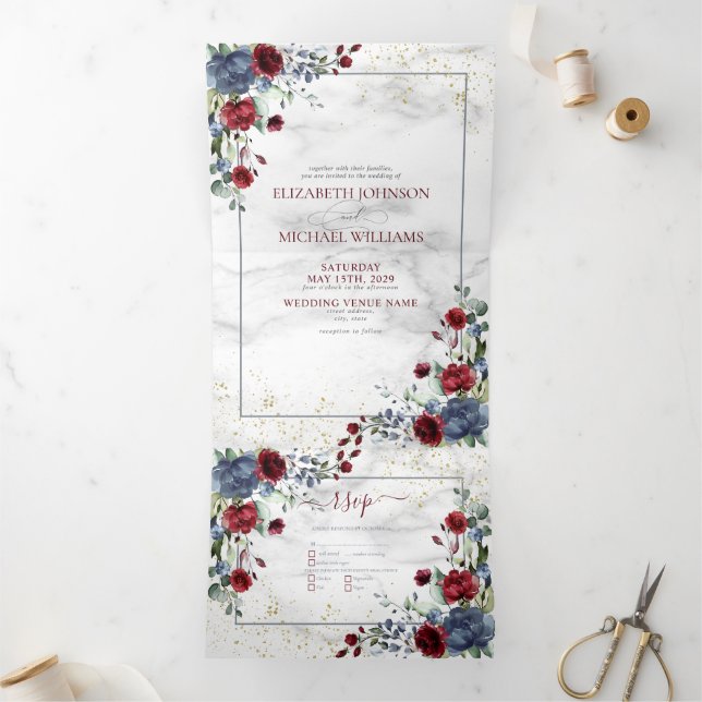 Light Dusty Blue Burgundy Floral Wedding Tri-Fold  (Inside)