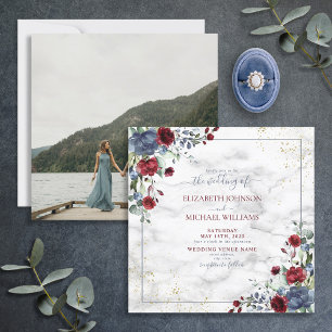 Light Dusty Blue Burgundy Gold Floral Photo Square Invitation
