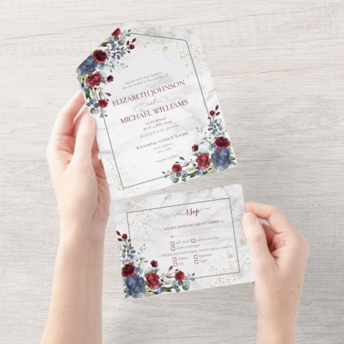 Light Dusty Blue Burgundy Gold Floral Wedding All In One Invitation