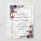 Light Dusty Blue Burgundy Gold Floral Wedding Invitation (Front)