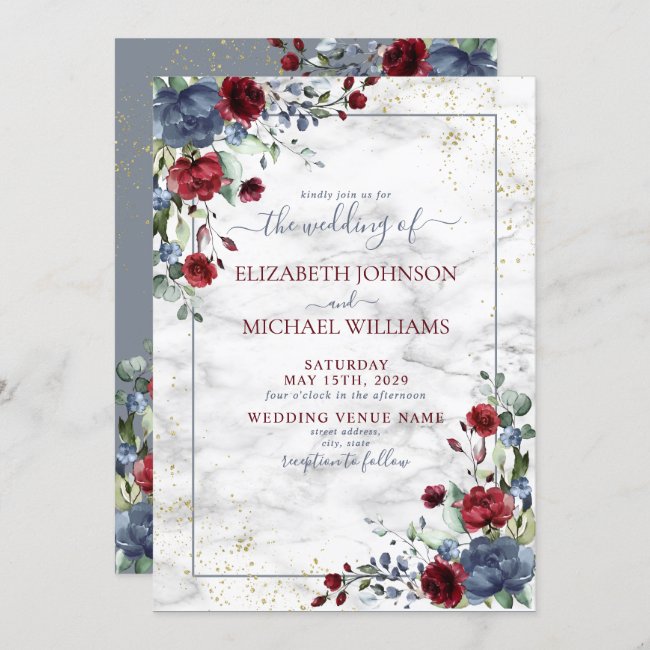 Light Dusty Blue Burgundy Gold Floral Wedding Invitation