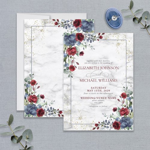Light Dusty Blue Burgundy Gold Floral Wedding Invitation