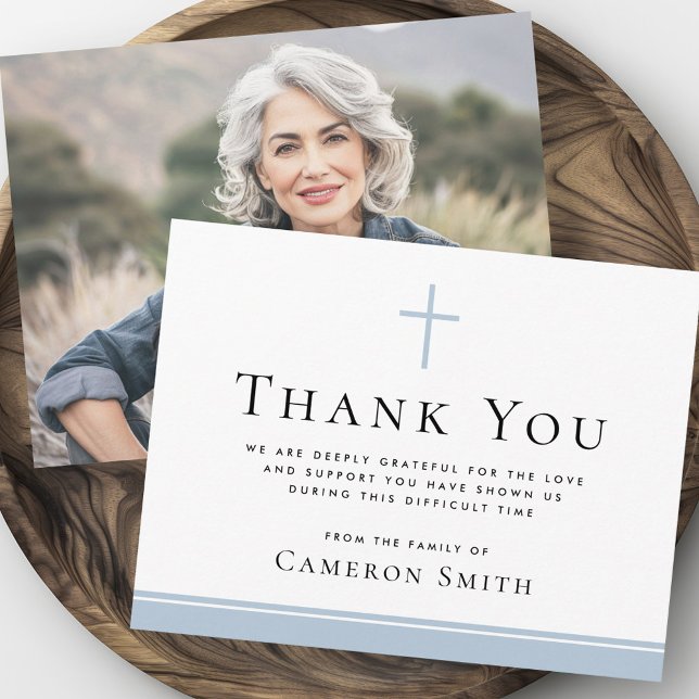 Light dusty blue cross funeral sympathy photo thank you card (Light dusty blue cross funeral sympathy photo thank you card)