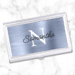 Light Dusty Blue Faux Metallic Foil Monogram Business Card Case<br><div class="desc">Create your own black and white monogrammed modern minimalist business card case.
Modern monoline style script for her name over a more classic style monogram font.
The background features a faux light and dusty blue brushed metal style ombre foil that prints like a photo.</div>