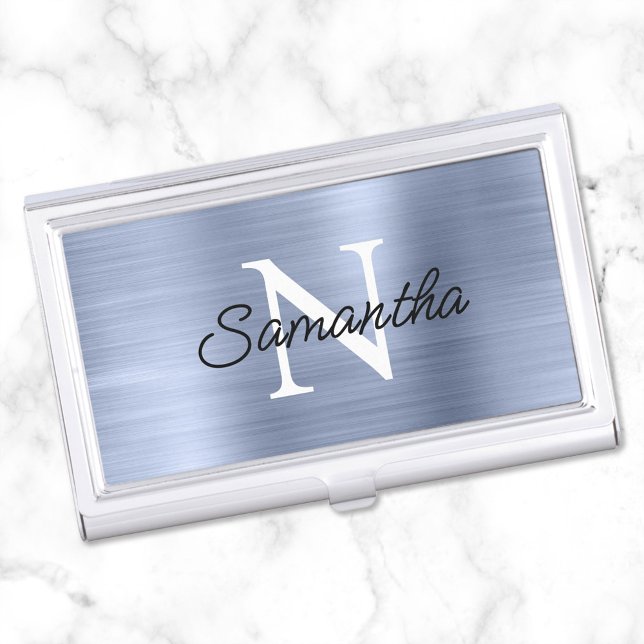 Light Dusty Blue Faux Metallic Foil Monogram Business Card Case (Create your own girly monogrammed business card case for her.)