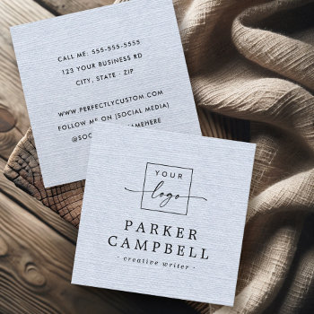 Light Dusty Blue Linen Look Add Logo Minimalist Square Business Card by PerfectlyCustom at Zazzle