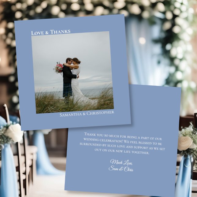 Light Dusty Blue Love Thanks Photo & Note Wedding Thank You Card (Front/Back)