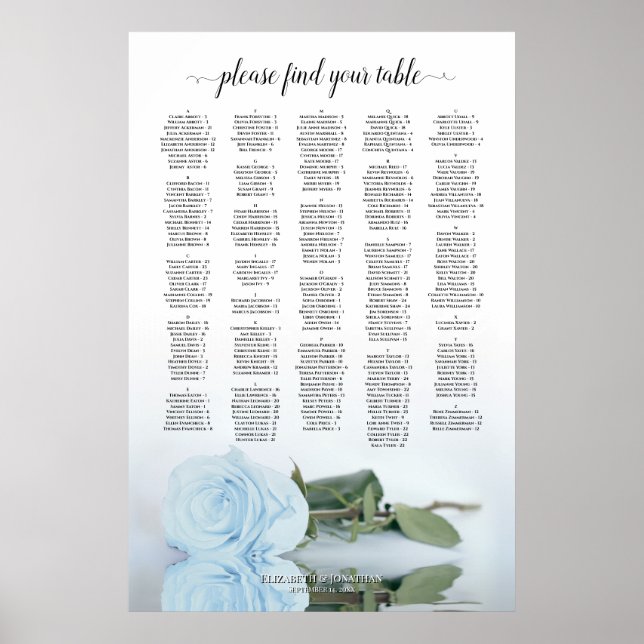 Light Dusty Blue Rose Alphabetical Seating Chart (Front)