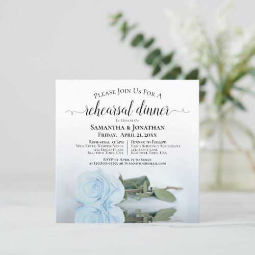 Light Dusty Blue Rose Wedding Rehearsal  Dinner Invitation