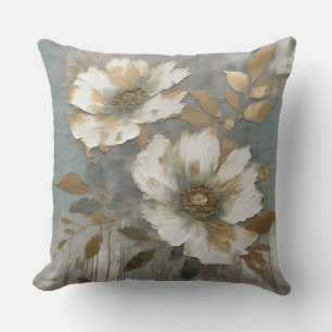 Light Dusty Blue White Gold Contemporary Floral Throw Pillow