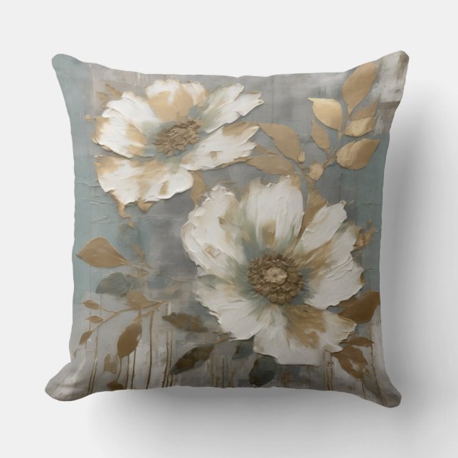 Light Dusty Blue White Gold Contemporary Floral Throw Pillow (Front)