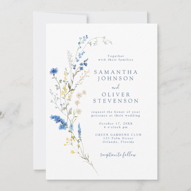 Light Dusty Blue Wildflower Rustic Boho Wedding Invitation (Front)