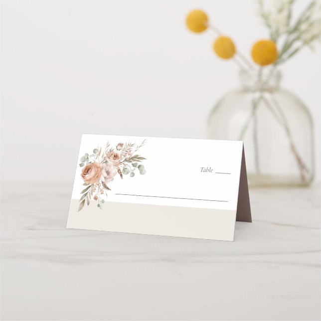 Light Earth Tone Floral Rustic Boho Wedding Place Card (Front)
