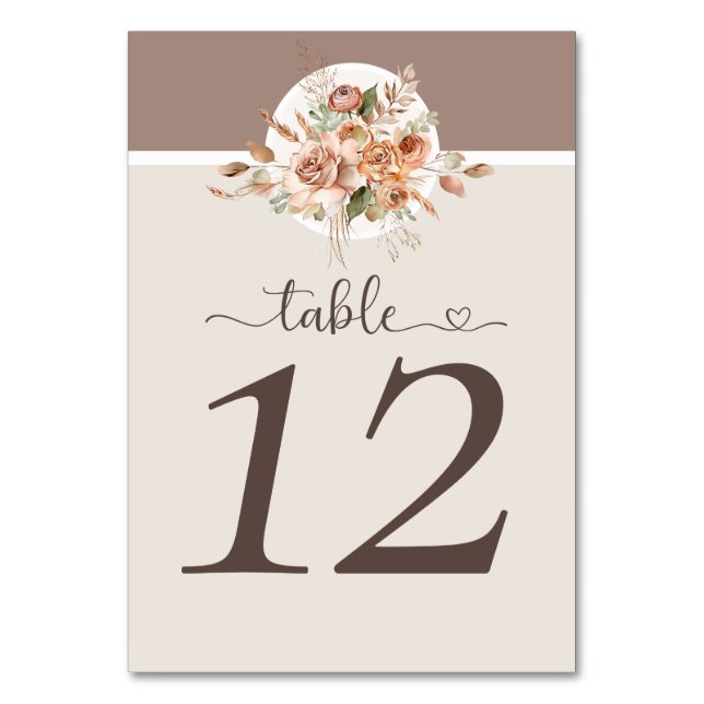 Light Earth Tone Floral Rustic Boho Wedding Table Number (Front)