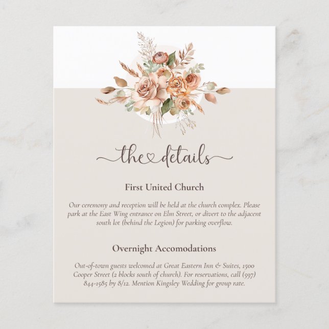 Light Earth Tone Floral Wedding Details Enclosure Flyer (Front)