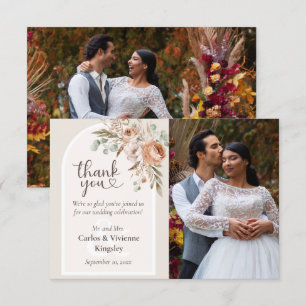 Light Earth Tone Rustic Boho Floral Wedding Photo Thank You Card