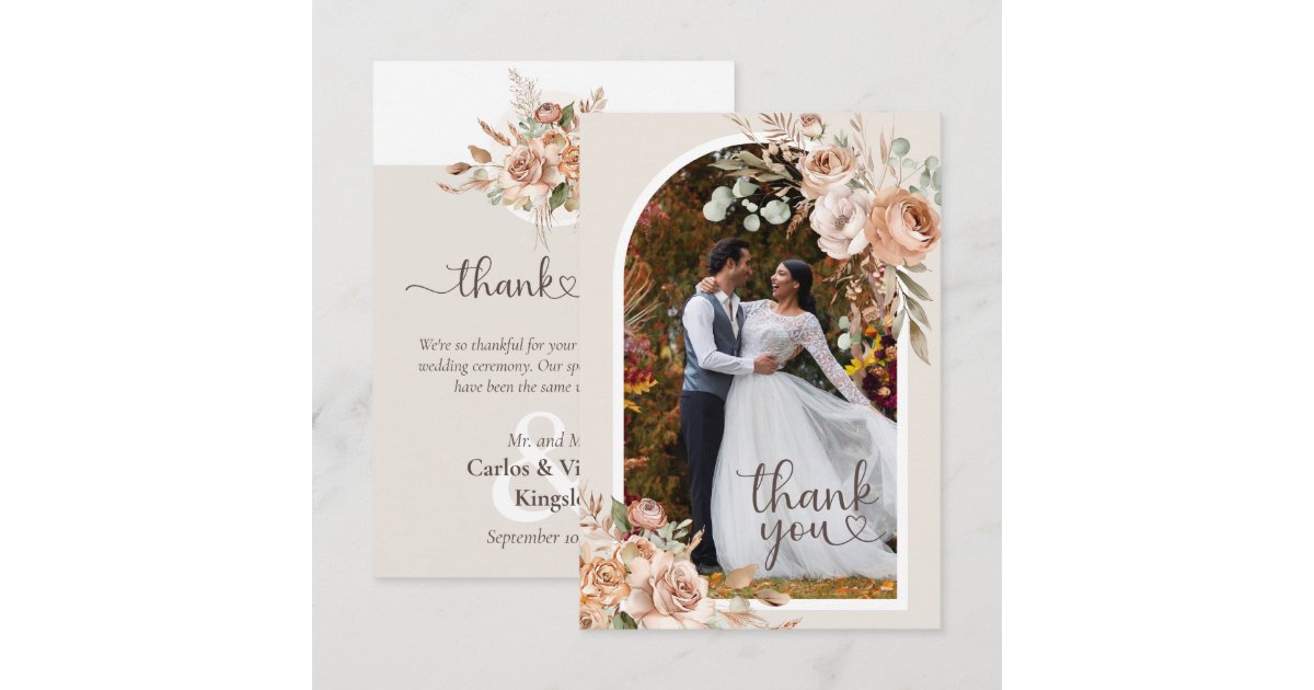 Light Earth Tone Rustic Boho Floral Wedding Thank You Card | Zazzle