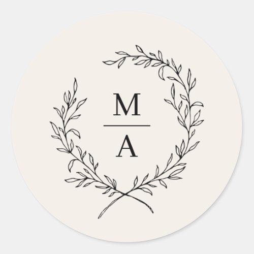 Light Ecru Simple Elegant Laurel Wreath Monogram Classic Round Sticker