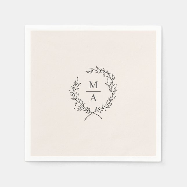 Light Ecru Simple Elegant Laurel Wreath Monogram Napkins (Front)