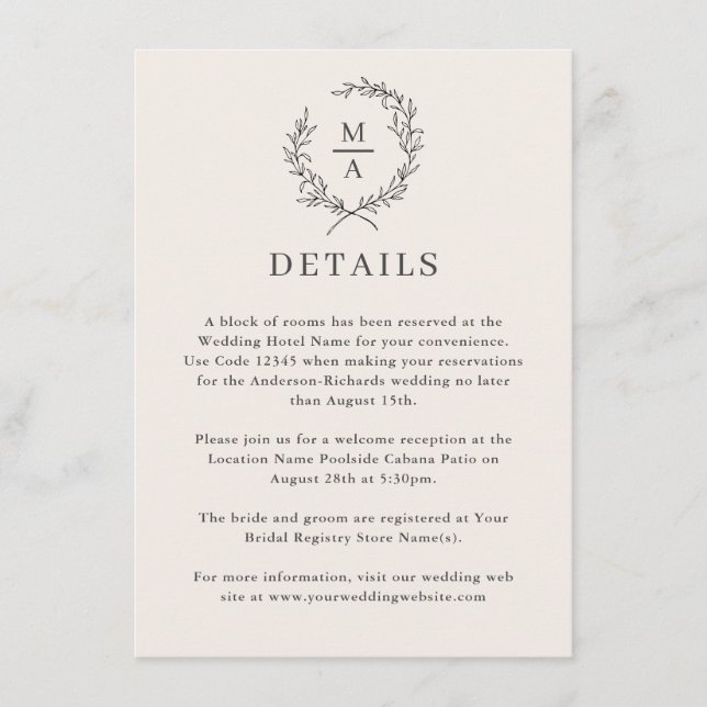 Light Ecru Simple Elegant Monogram Details Enclosure Card (Front)