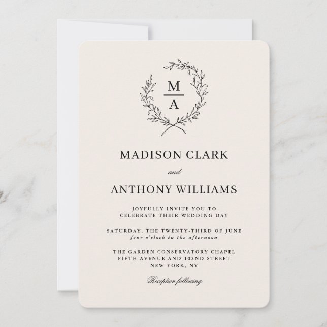Light Ecru Simple Elegant Monogram Wedding Invitation (Front)