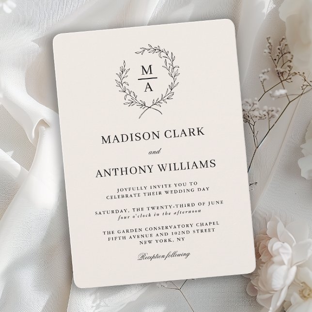 Light Ecru Simple Elegant Monogram Wedding Invitation (Creator Uploaded)