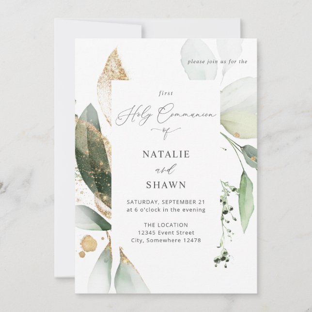 Light Eucalyptus Glow Gold Communion 2 Name Invitation (Front)