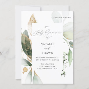 Light Eucalyptus Glow Gold Communion 2 Name Invitation