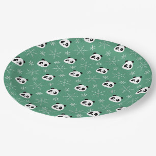 Light Evergreen - Cute Pandas with Snowflakes Paper Plates