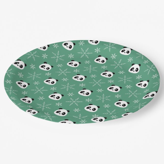 Light Evergreen - Cute Pandas with Snowflakes Paper Plates (Angled)