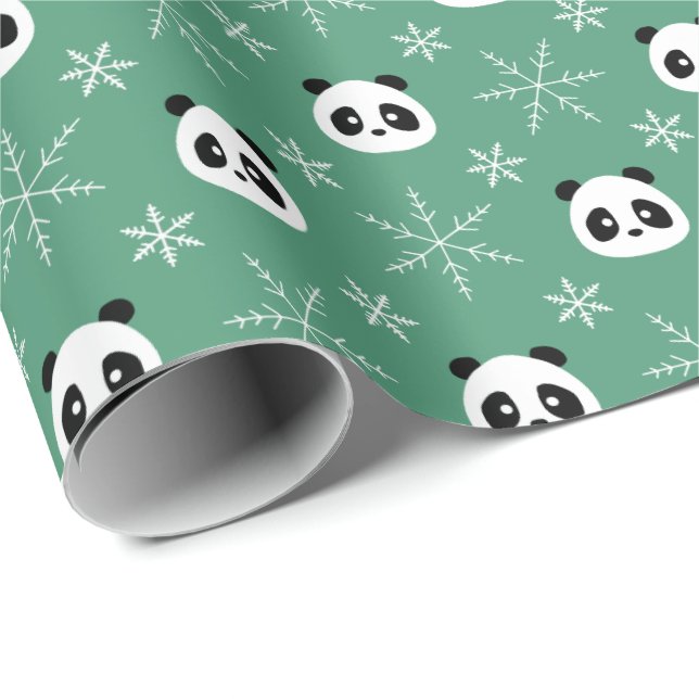 Light Evergreen - Cute Pandas with Snowflakes Wrapping Paper (Roll Corner)